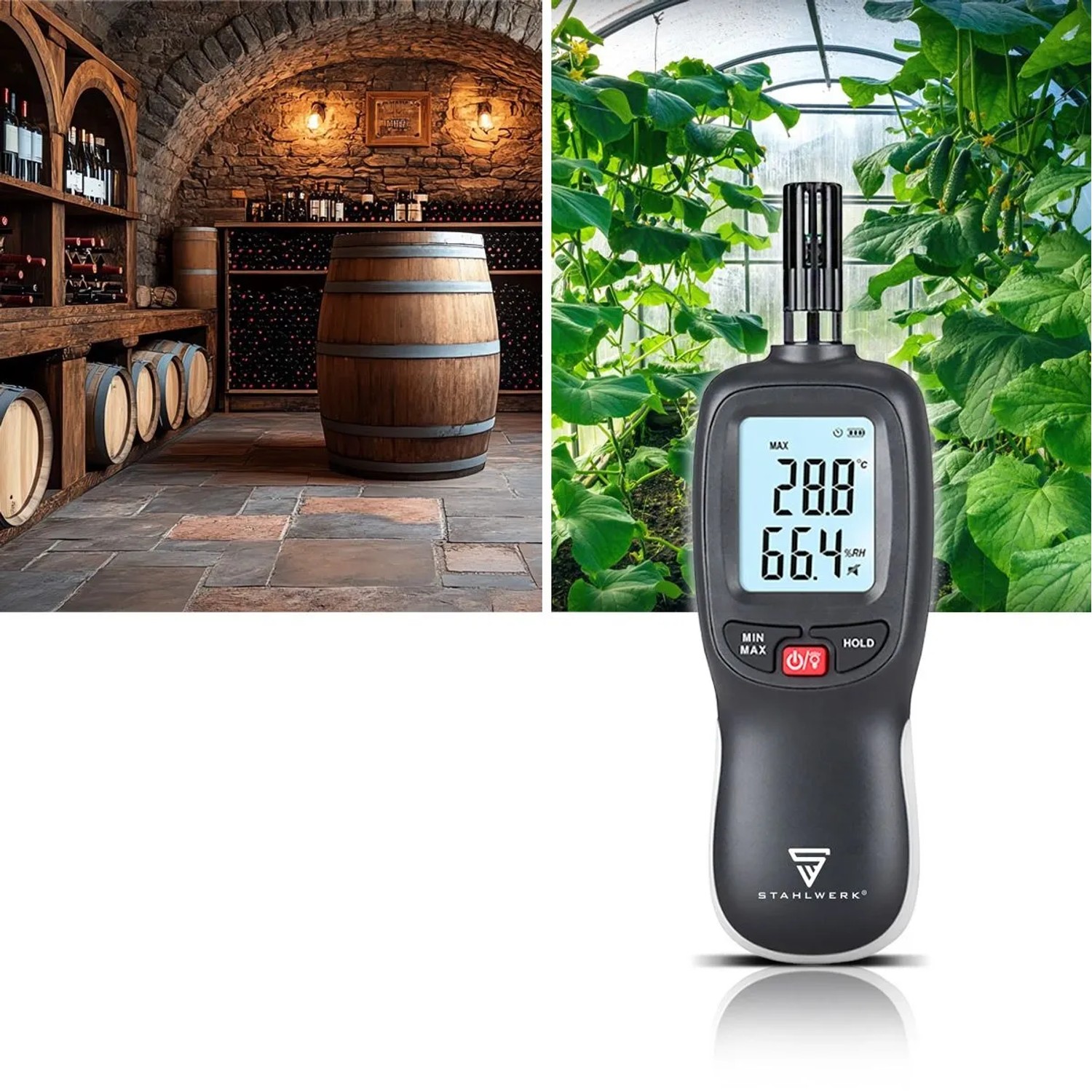 Digitales STAHLWERK Luftfeuchtigkeits- und Temperaturmessgerät mit Display, zeigt 28.8°C und 66.4%RH. Für präzise Raumklimaüberwachung in Keller oder Gewächshaus.