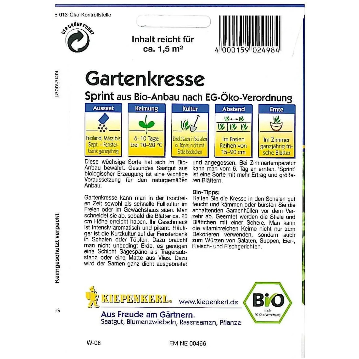 Kiepenkerl Kresse Sprint Bio Saatgut Packung mit Anbauhinweisen.
