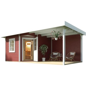 Weka Saunahaus Salo Sparset in Schwedenrot mit Anbau, offener Sauna und Sitzbereich.