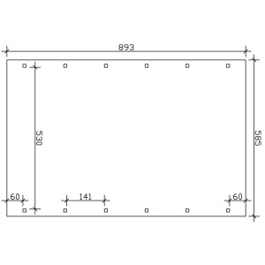 Skizze: Skan Holz Carport Spreewald, 585x893cm, rote Blende, Maße und Pfostenanordnung.