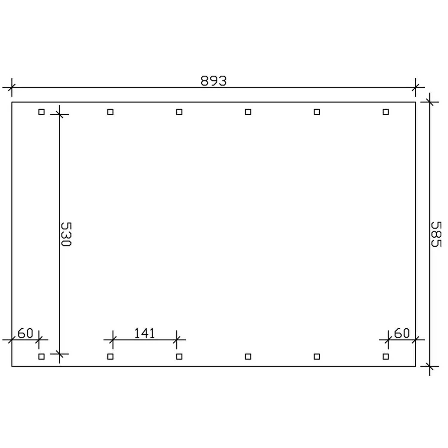 Skizze: Skan Holz Carport Spreewald, 585x893cm, rote Blende, Maße und Pfostenanordnung.