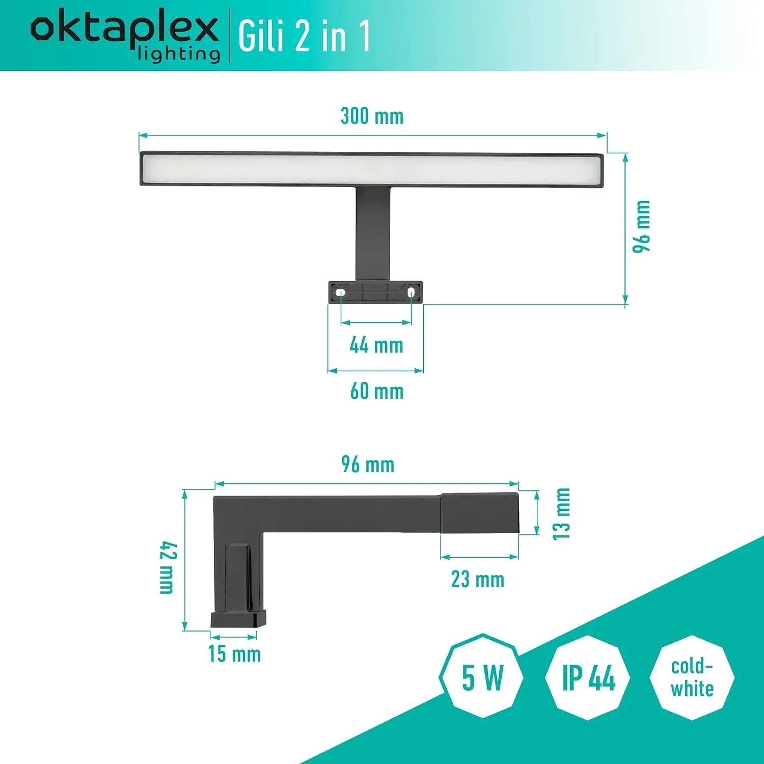 Oktaplex LED Badspiegelleuchte, schwarz, 30cm, mit Maßangaben.