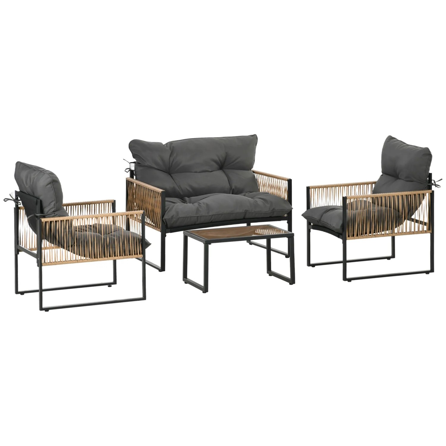 Outsunny Sitzgruppe Rattan Gartenmöbel-Set mit 2 Sesseln, 1 Doppelsofa, (Garten Lougen Set, 4-tlg., Gartengarnitur), für Garten, Terrasse, Stahl, Braun