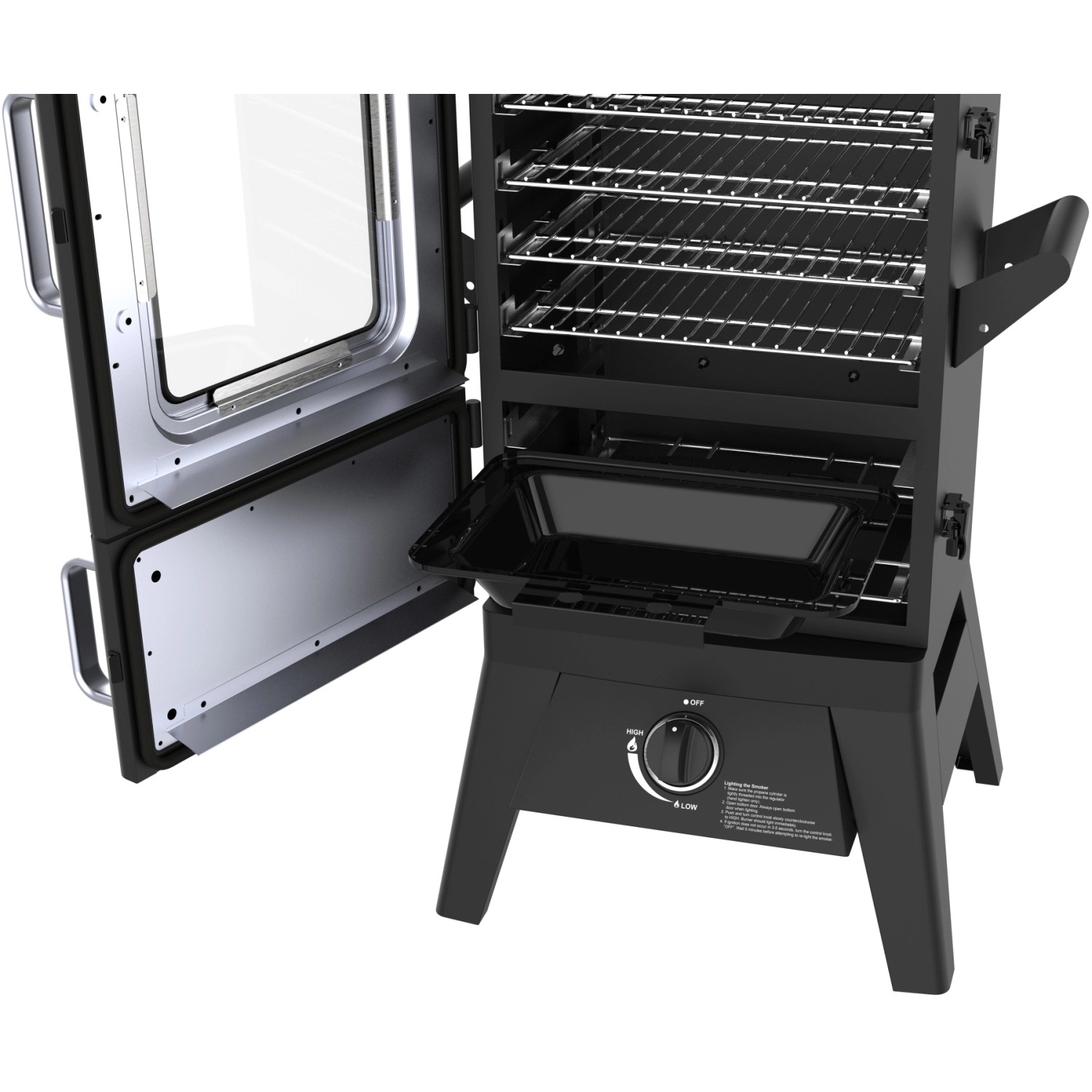 El Fuego Portland W2 Gasgrill/Smoker in Schwarz mit offener Tür und Einblick ins Innere.