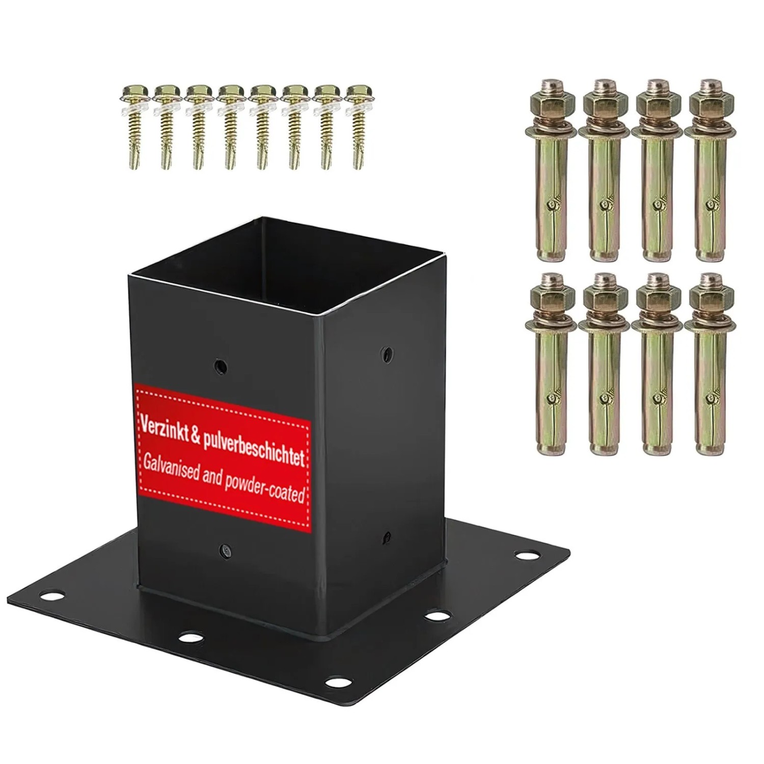 SOTECH Bodenanker zum Aufschrauben 100 x 100 mm Vierkant Stahl Verzinkt Schwarz Pulverbeschichtet für Höchsten Korrosion...