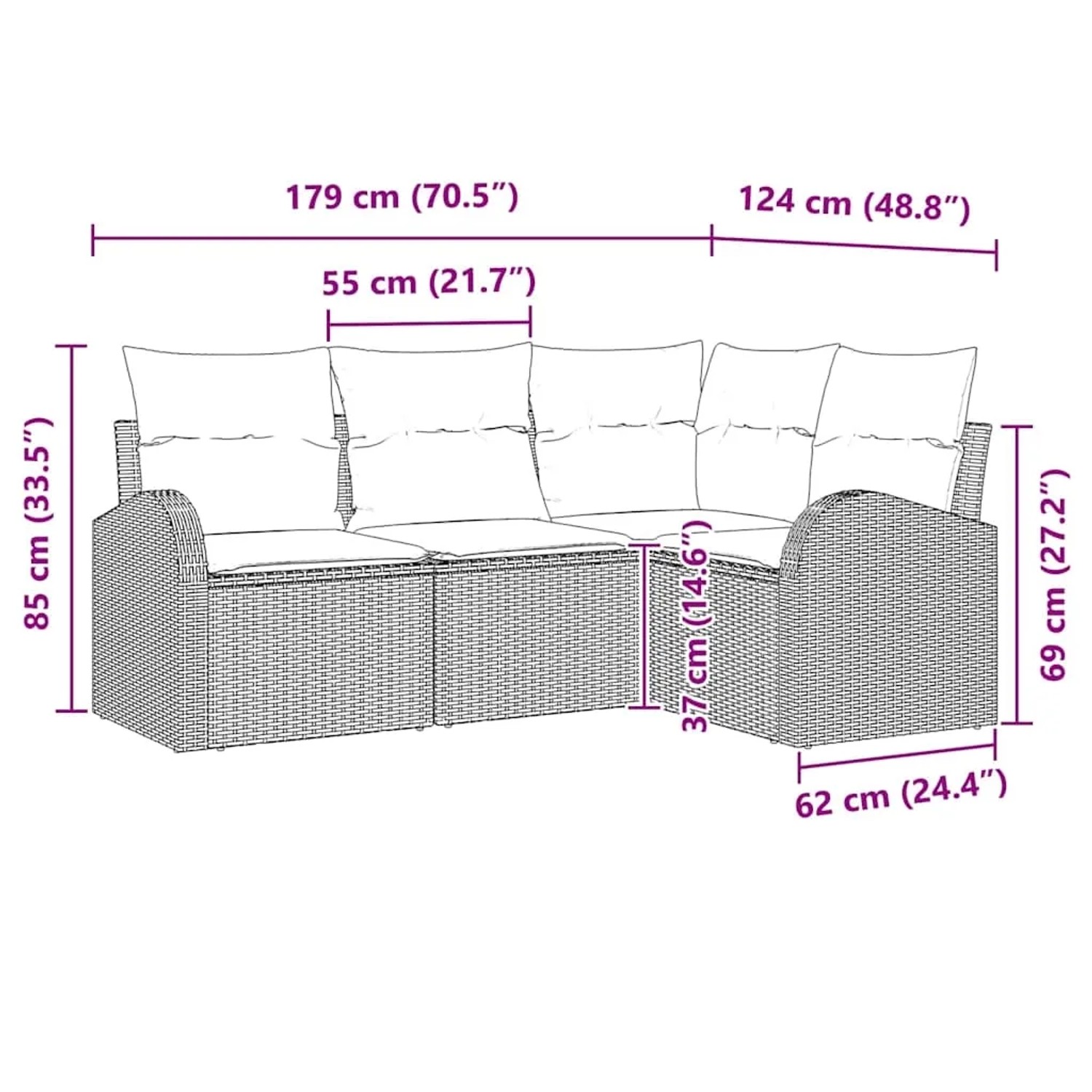 Schwarzes 4-tlg. vidaXL Garten-Sofa-Set aus Polyrattan mit Kissen und Maßangaben.