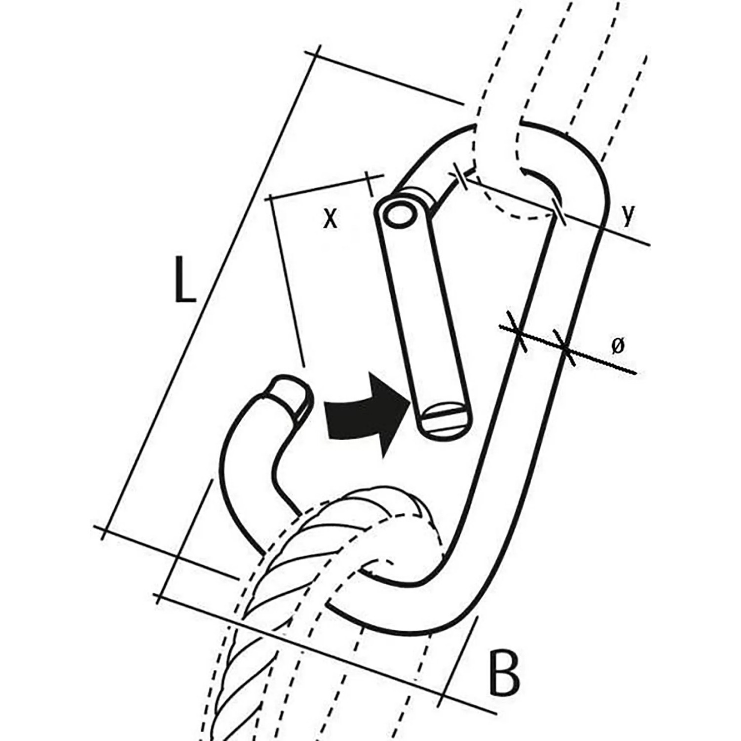 Technische Zeichnung Conacord Karabinerhaken Aluminium 8x80mm. Maße L, B, Ø und Seilbefestigung dargestellt.