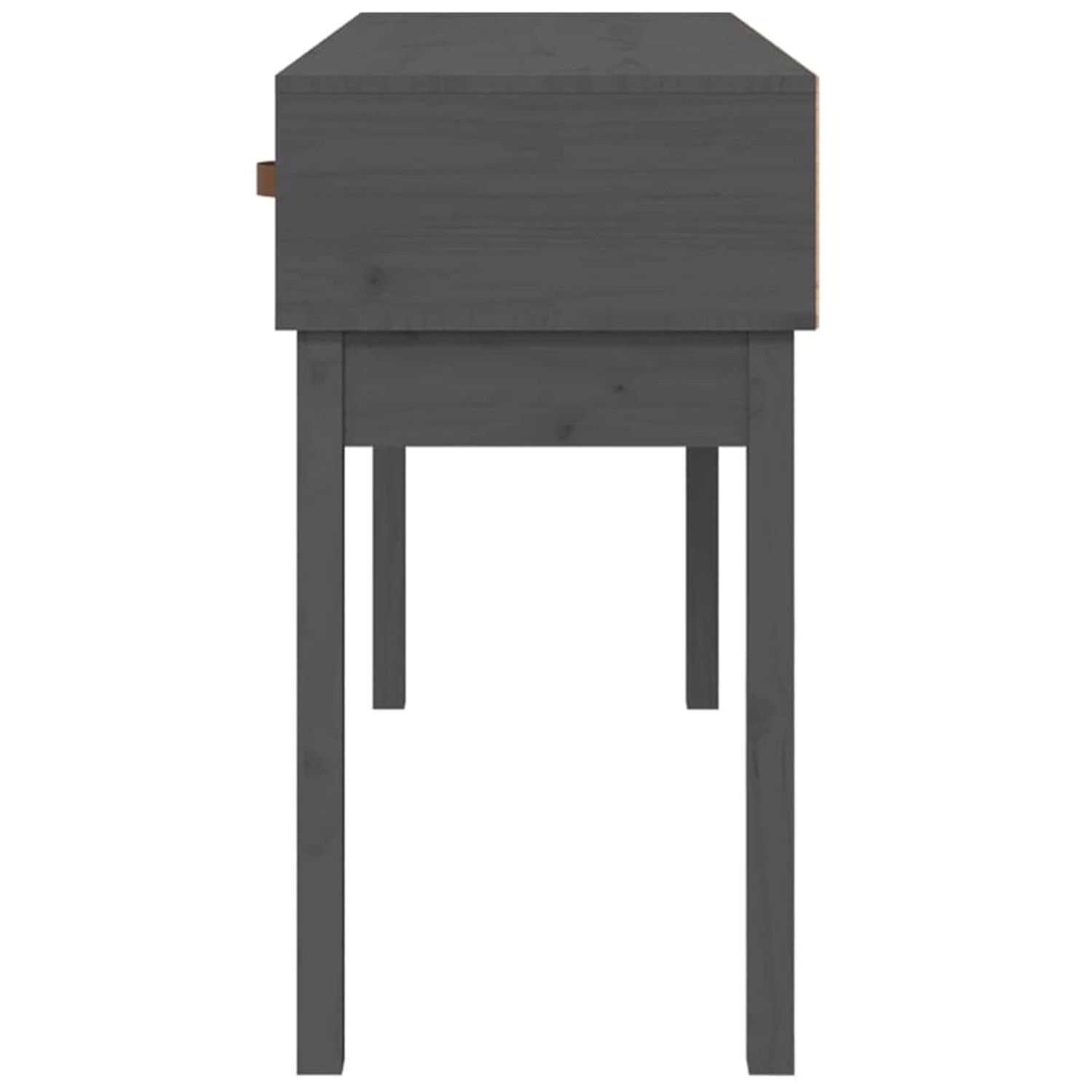 Grauer vidaXL Konsolentisch aus Kiefernholz mit drei Schubladen, Seitenansicht.