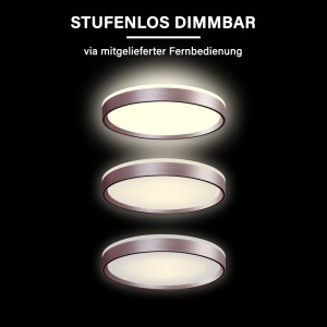 MegaLight Shining Pluto 40 rosé LED-Deckenleuchte, stufenlos dimmbar, mit gebürstetem Roségold-Rahmen.