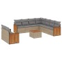 Beige 10-tlg. vidaXL Garten-Sofagarnitur aus Rattan mit hellgrauen Kissen und Tisch.