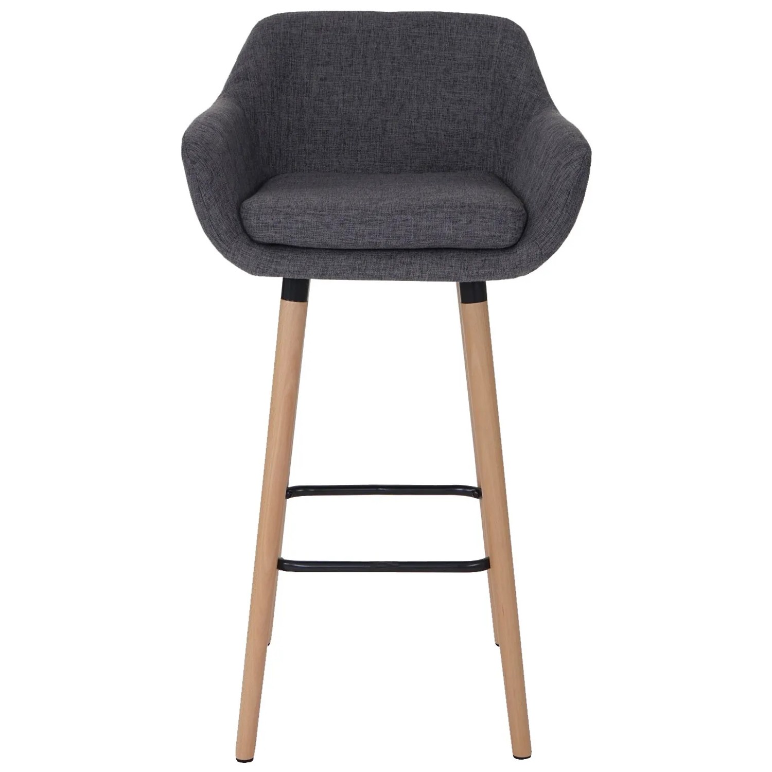 Grauer Textil Barhocker Oslo mit Lehne, gepolstertem Sitz, Holzbeinen und schwarzer Metall-Fußablage.