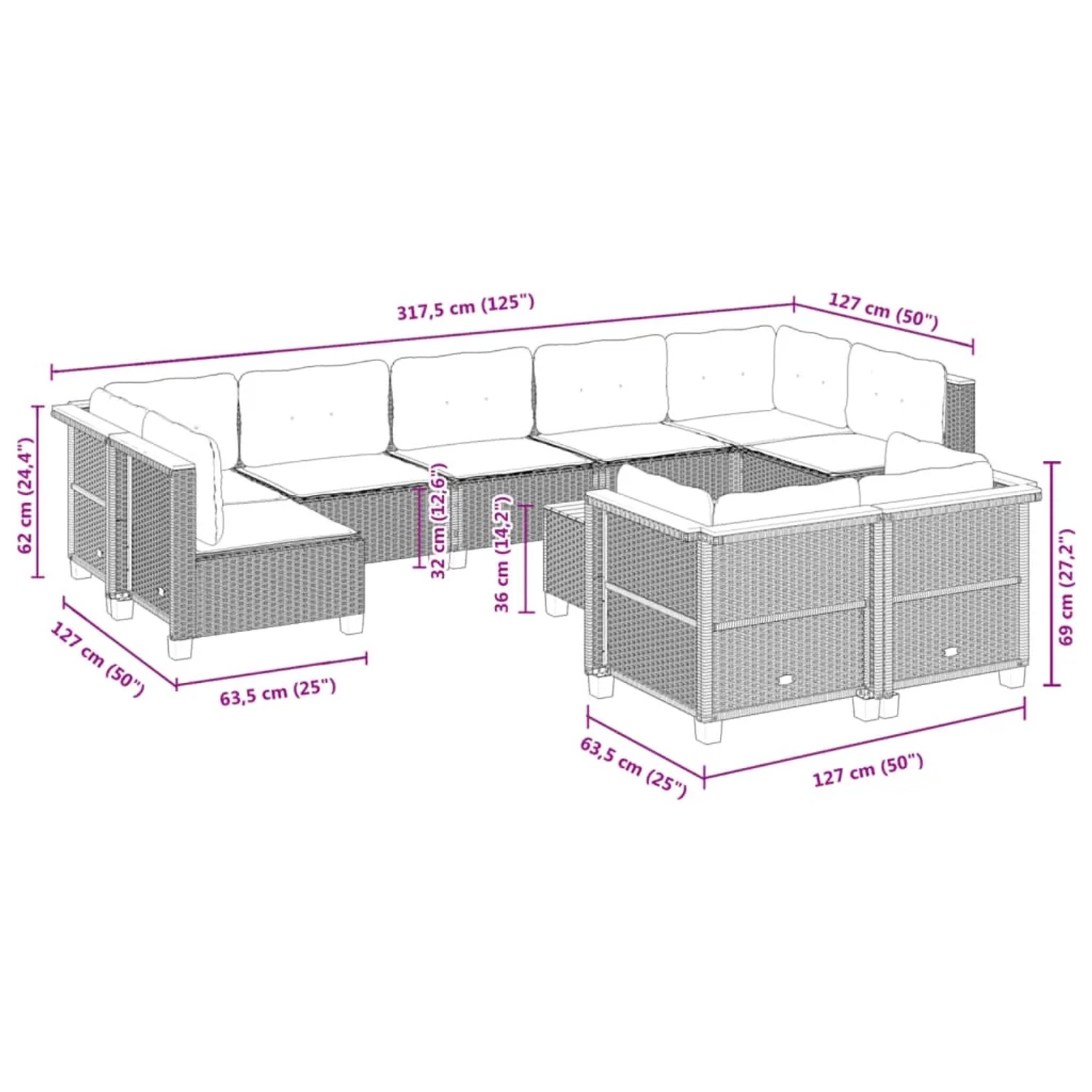 vidaXL Garten-Sofagarnitur, 10-teilig, schwarz, Poly Rattan mit Maßen
