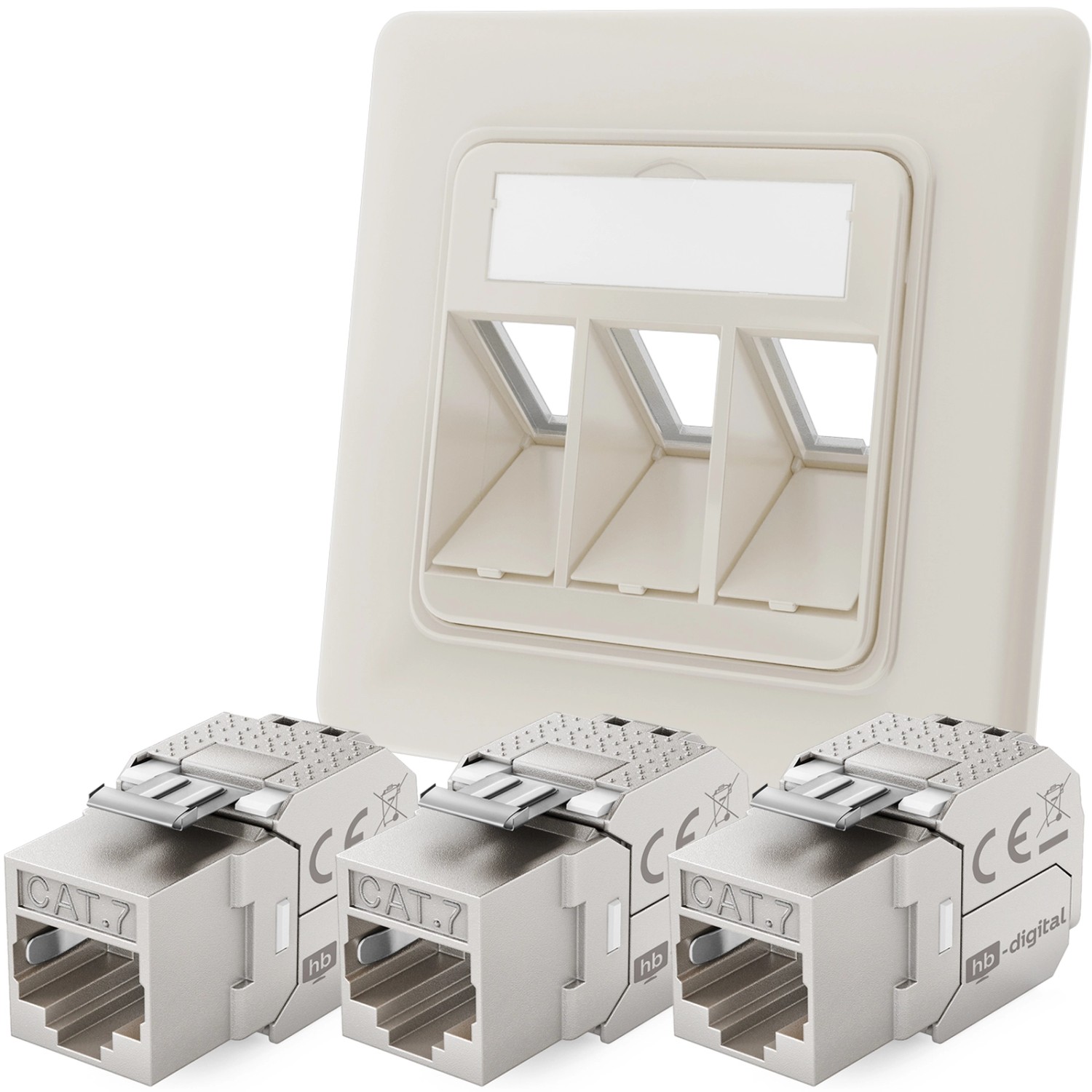 hb-digital Netzwerkdose Unterputz Einsatz 3 Port mit 3x Keystone Modul CAT 7 RAL9010