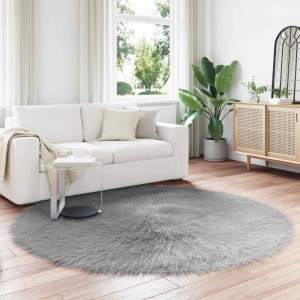 Grauer, runder vidaXL Kunstschaffell Teppich Tafalla aus Polyester. Flauschiger Kunstfell Teppich im modernen Wohnzimmer.