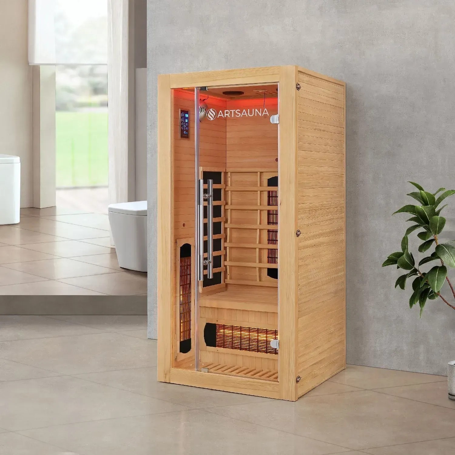 Artsauna Infrarotkabine Kiruna90 aus Hemlockholz mit Glastür und LED-Beleuchtung.