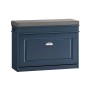 Schmale blaue Schuhbank mit grauer Sitzauflage und Klappe. Garderobenbank mit Metallgriff für Flur und Schuhe.