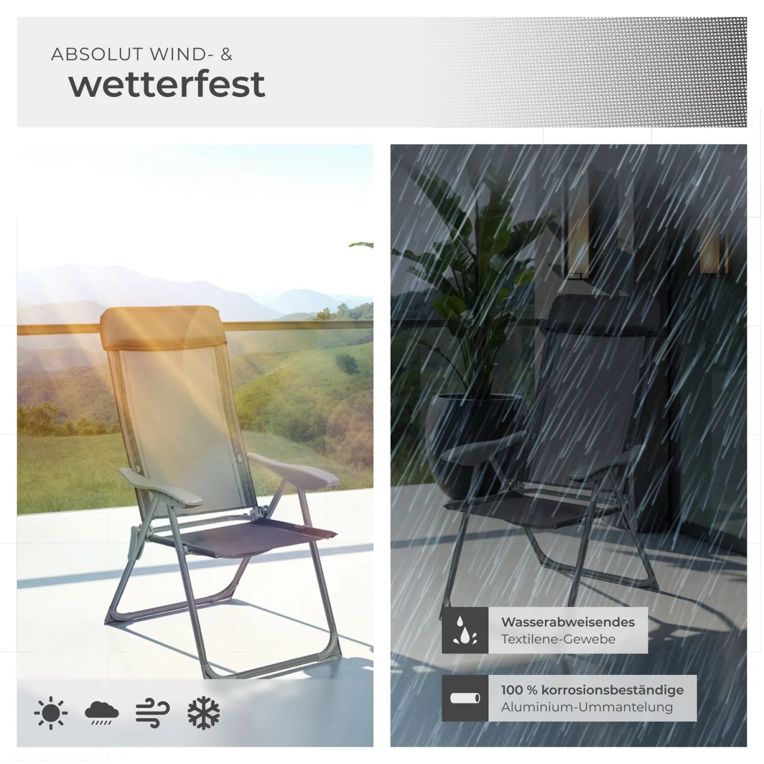 Anthrazitfarbener Aluminium Gartenstuhl, klappbar, wetterfest. Hohe Rückenlehne, gezeigt bei Sonne und Regen auf Terrasse.
