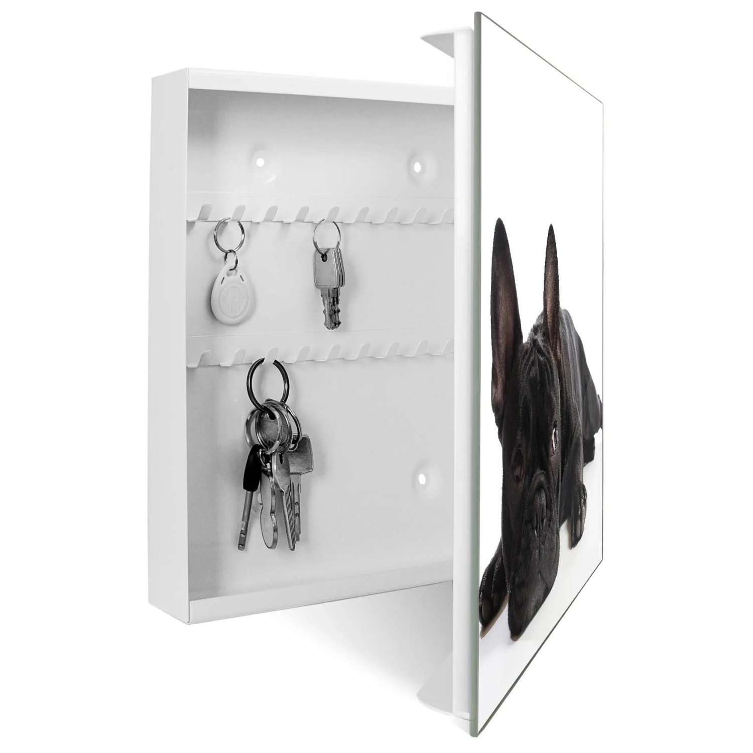 Weißer Schlüsselkasten mit Bulldoggen-Motiv, Glastür beschreibbar und magnetisch, 50 Haken.