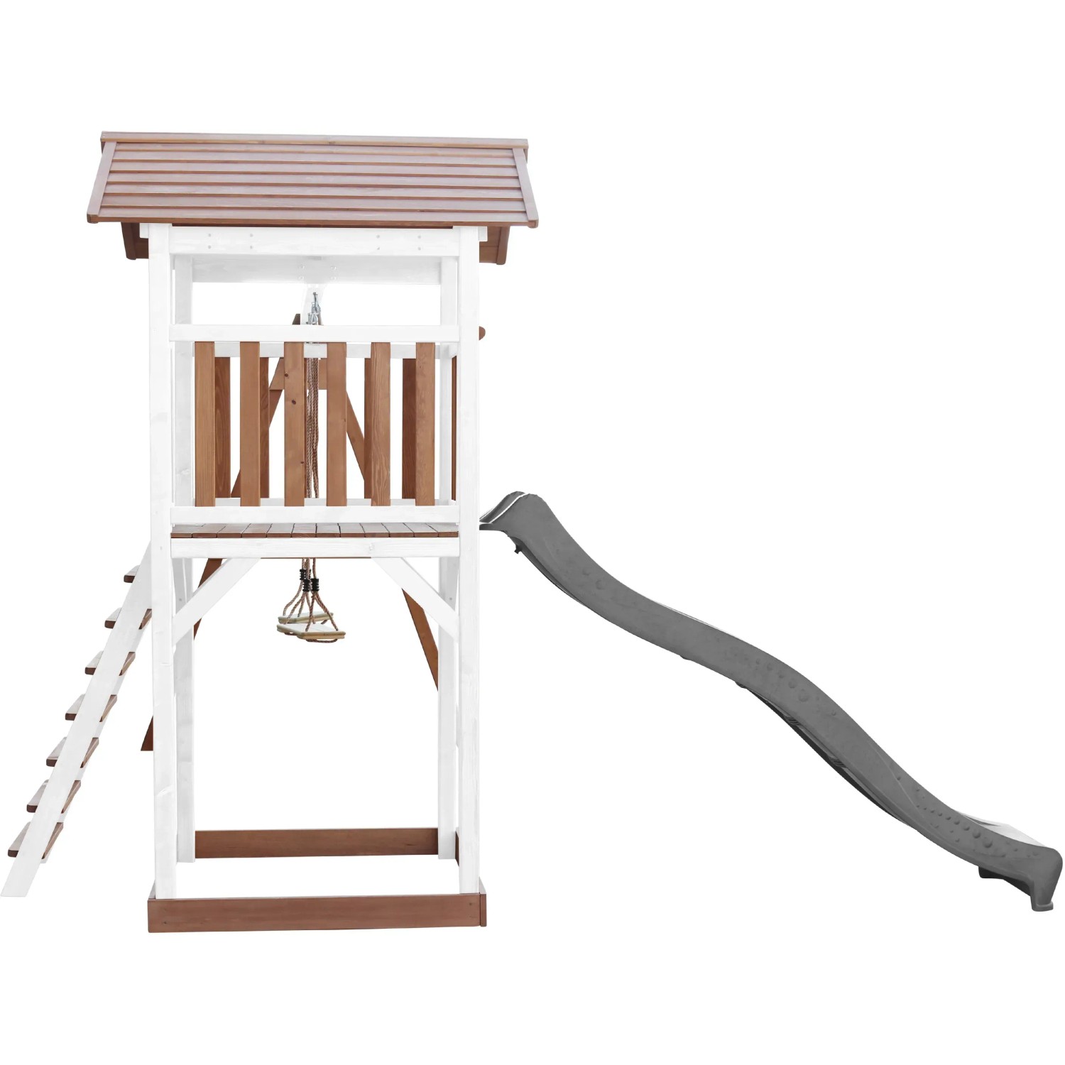 Axi Beach Tower Spielturm mit Doppelschaukel, braun-weiß mit grauer Rutsche.