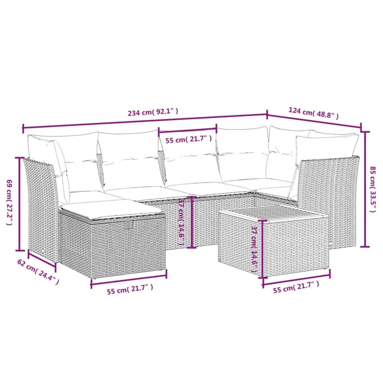 Graue 7-teilige vidaXL Garten-Sofagarnitur aus Polyrattan mit Kissen und Tisch, Maße siehe Zeichnung.