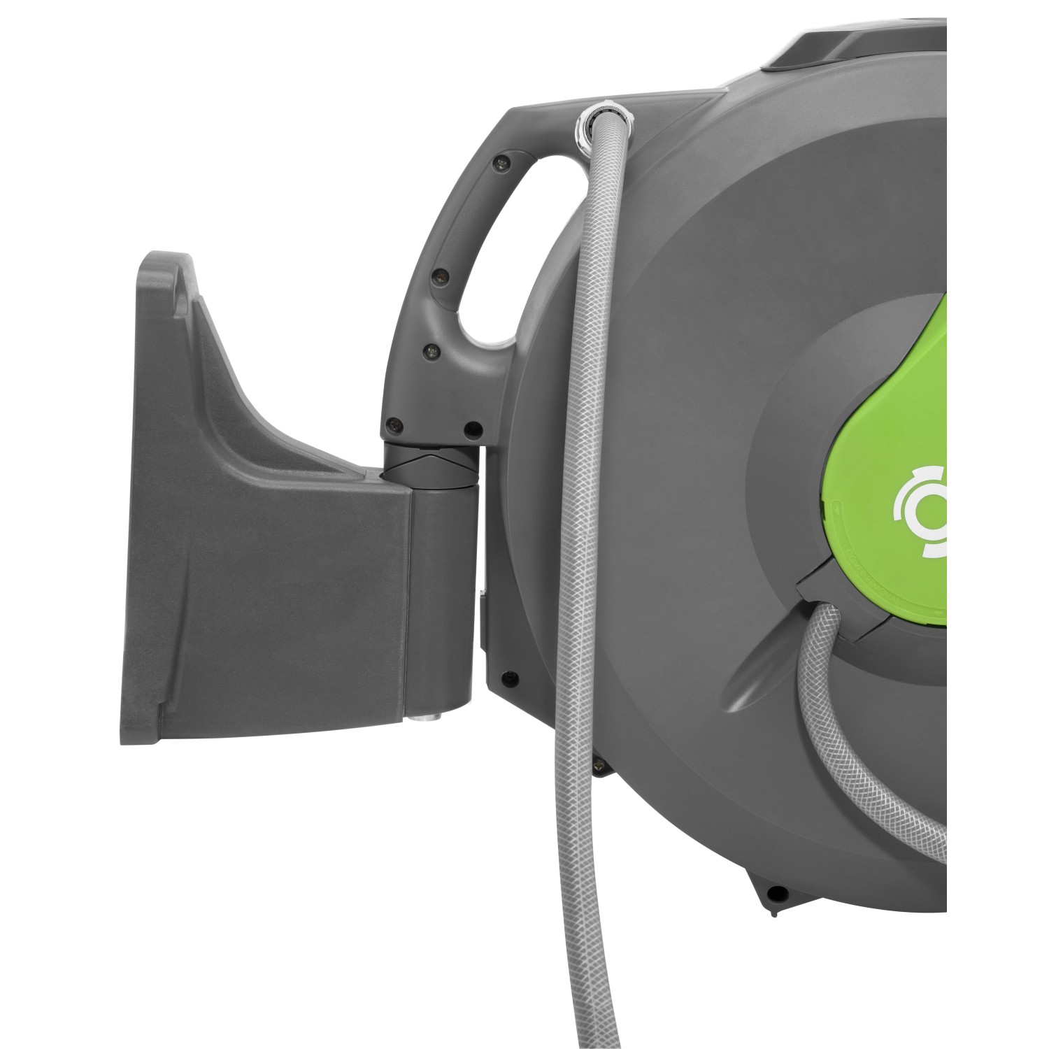 Geka Schlauchbox K25 Grau, automatische Wand-Schlauchbox mit grauem Schlauch und grünen Akzenten.