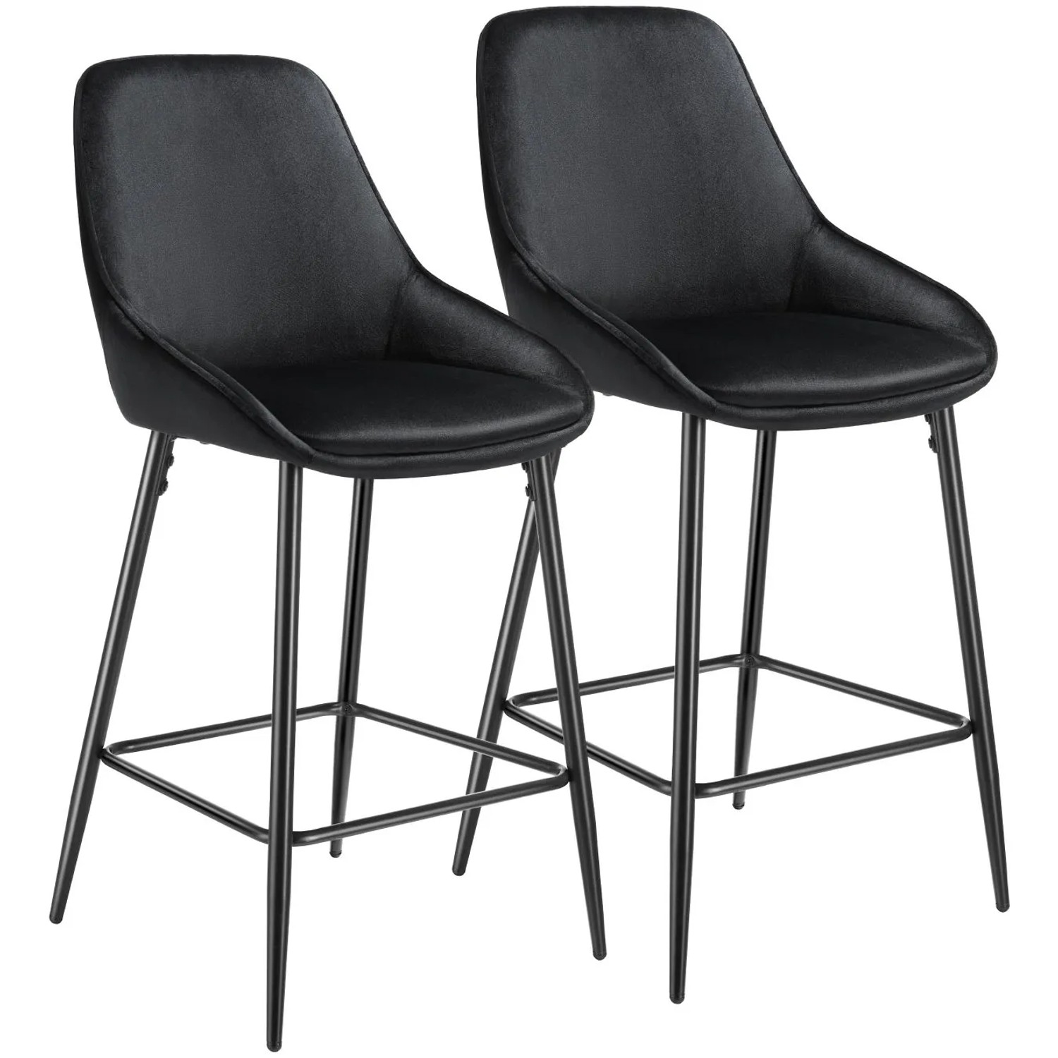 Tectake Thekenstuhl Siera Gepolstert  Weicher Bezug Mit Rückenlehne und Fußstütze 2Er Set 54 x 49 x 100 cm Samtoptik Schwarz Schwarz