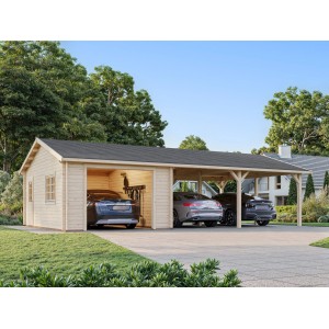Palmako Garage Roger aus naturbelassenem Holz mit Carport für drei Autos.