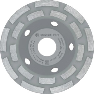Graue Bosch Diamanttopfscheibe Ø 115 mm mit 22,23 mm Bohrung für Beton. Robuste Schleifscheibe mit 18 Segmenten.