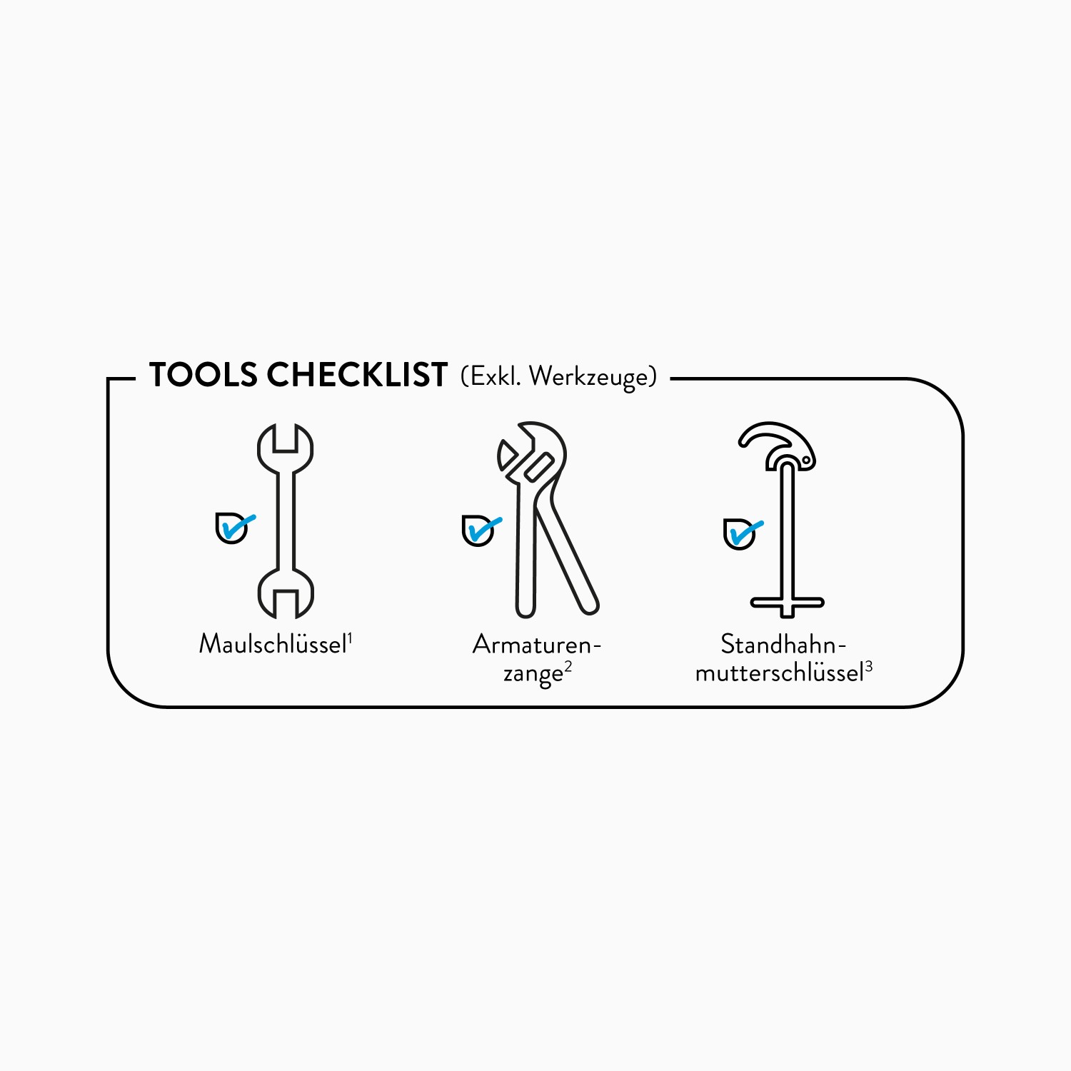 Checkliste Werkzeuge (nicht enthalten) für die Installation der baliv Waschbeckenarmatur.
