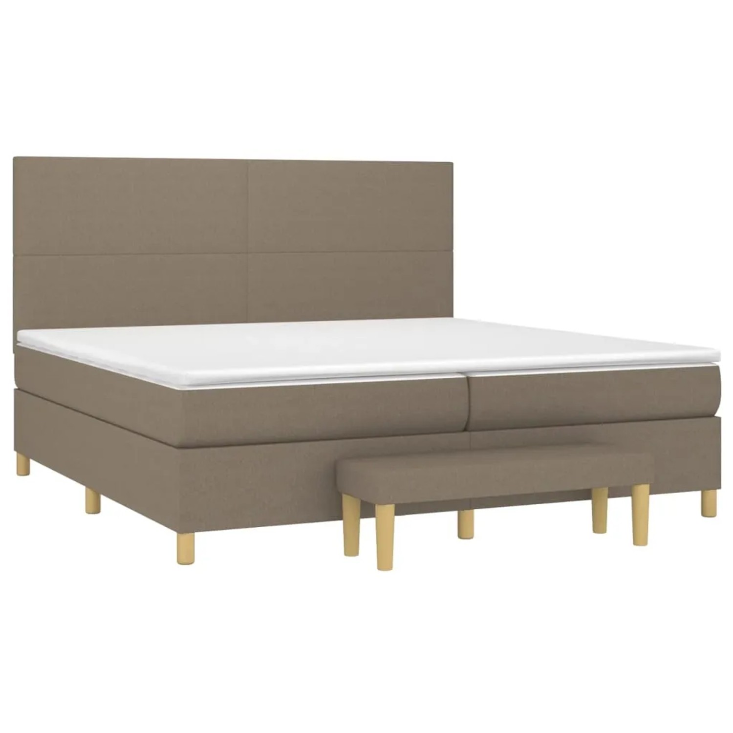 Boxspringbett Taupe 200x200 cm mit Matratze und Bank, Stoffbezug.