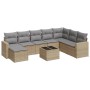 Beige 9-teilige Garten-Sofagarnitur aus Polyrattan mit Kissen und Tisch.