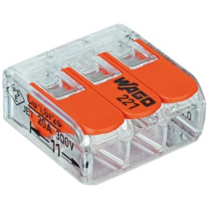 WAGO 221 Verbindungsklemme, transparent mit orangefarbenen Hebeln. Für 2-, 3- und 5-polige Elektroinstallationen.