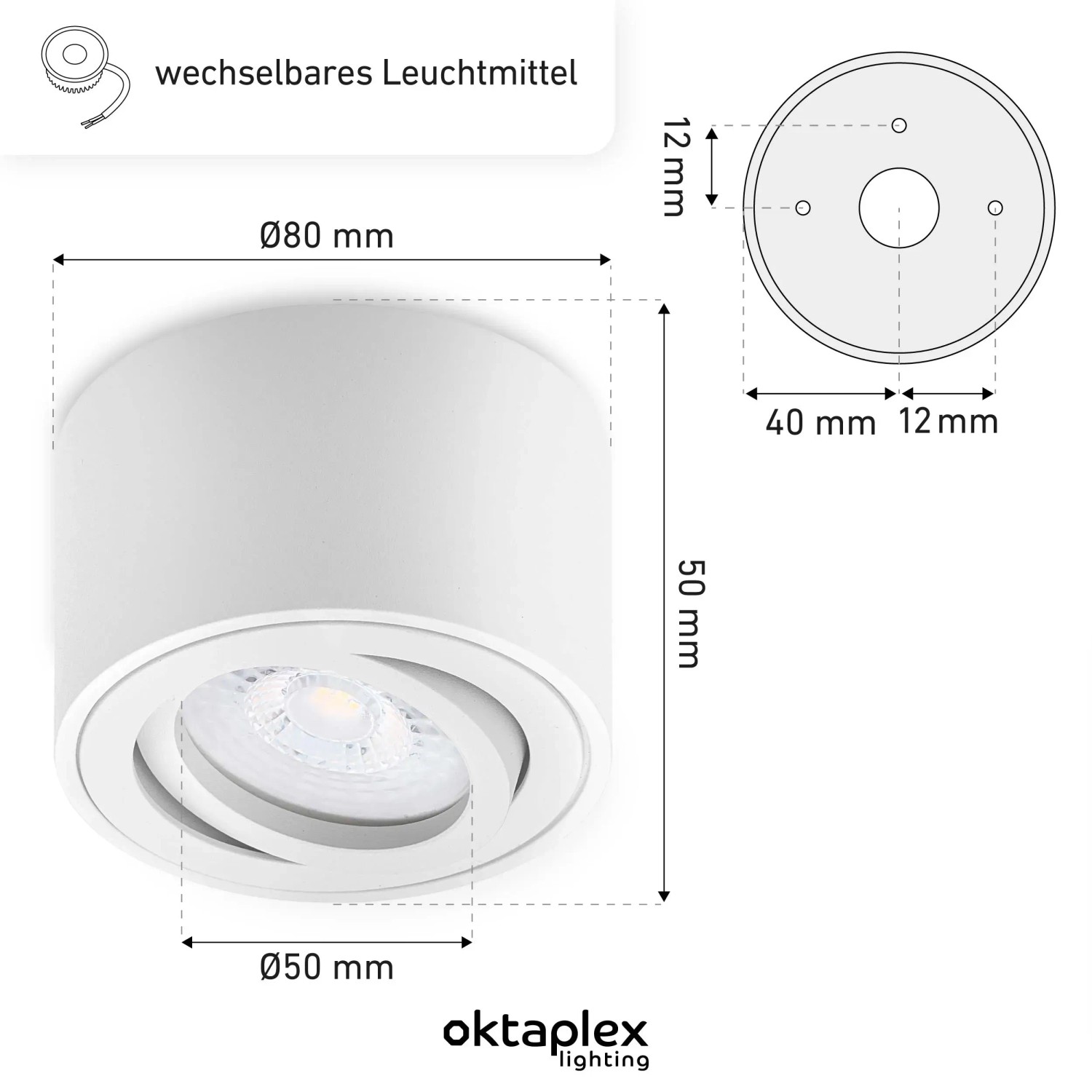 Oktaplex Aufbaustrahler Lile S, 12er Set, dimmbar, neutralweiß, Alu weiß. Deckenleuchte für Lampen & Leuchten.