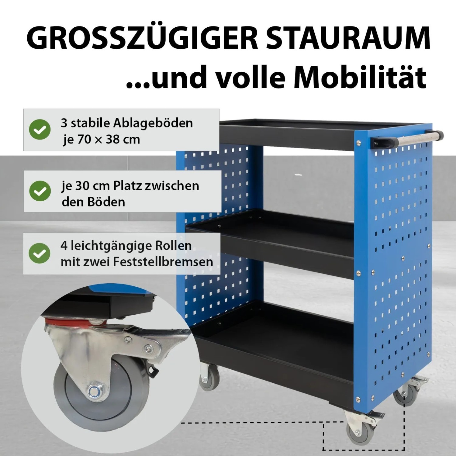 Blauer TRUTZHOLM Werkstattwagen aus Stahl mit 3 Ablageböden, gelochten Seitenwänden und Rollen mit Bremsen.