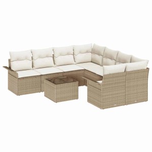 Beiges 9-teiliges vidaXL Garten-Sofa-Set aus Poly Rattan mit Tisch und Polstern.