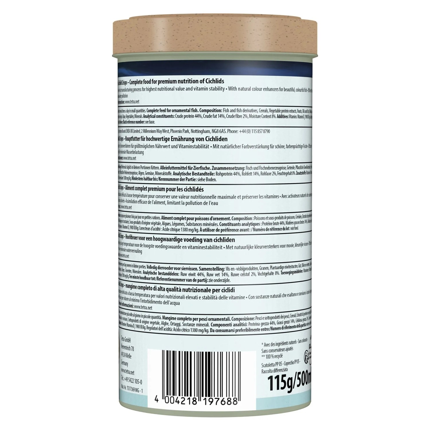 Rückseite der Tetra Cichlid Fischfutter-Granulat Dose 500 ml mit mehrsprachigem Etikett und Barcode.
