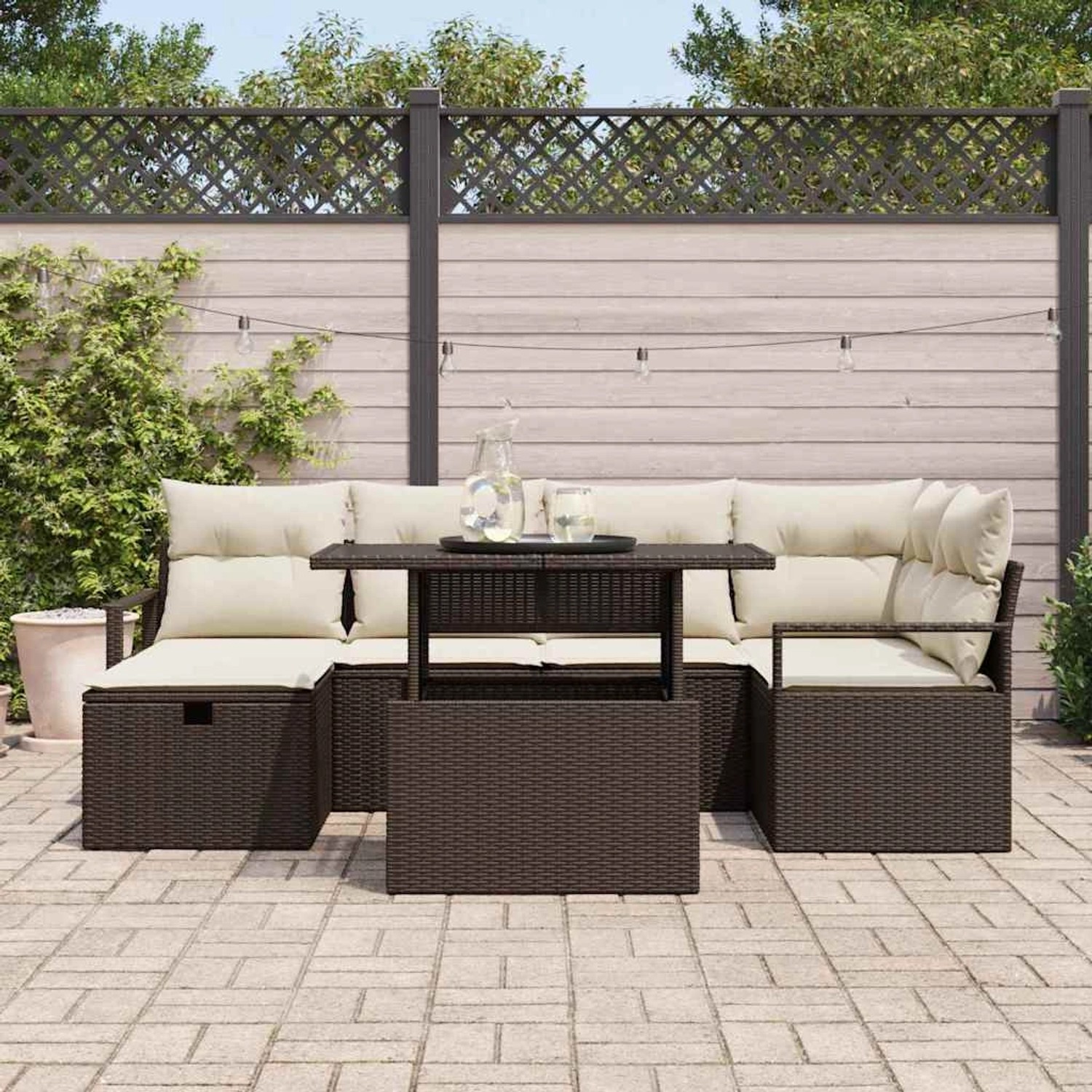 Braunes 7-teiliges vidaXL Garten-Sofa-Set aus Poly Rattan mit Kissen und Stauraum.