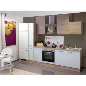 Moderne Küchenzeile Florida 310 cm in Sonoma Eiche-Weiß mit E-Geräten wie Herd, Kühlschrank und Geschirrspüler.