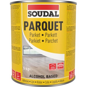 Gelbe Dose Soudal Alkohol-Parkettkleber 69A 5 kg. Schnelltrocknend, hohe Klebkraft für Parkettböden.
