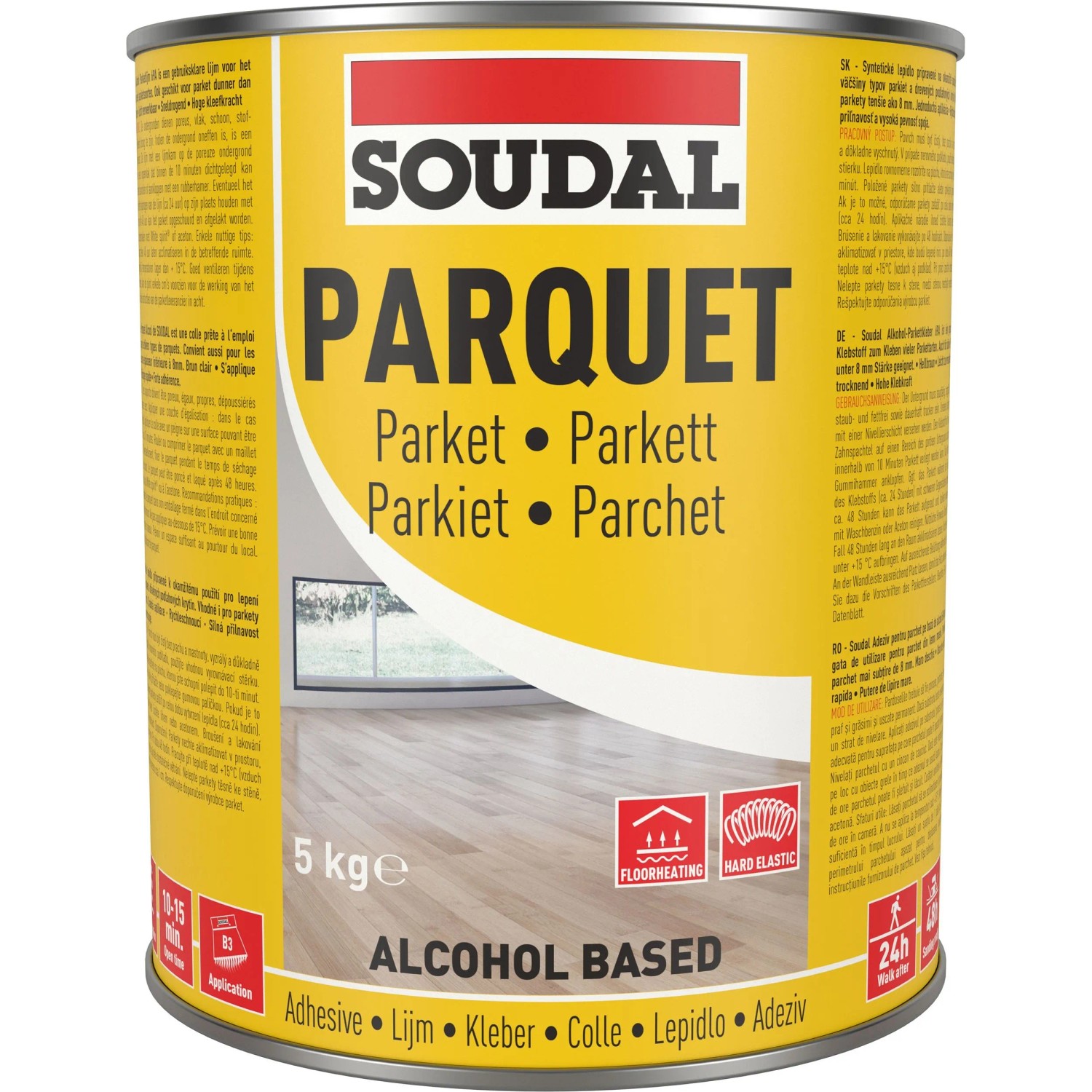 Gelbe Dose Soudal Alkohol-Parkettkleber 69A 5 kg. Schnelltrocknend, hohe Klebkraft für Parkettböden.