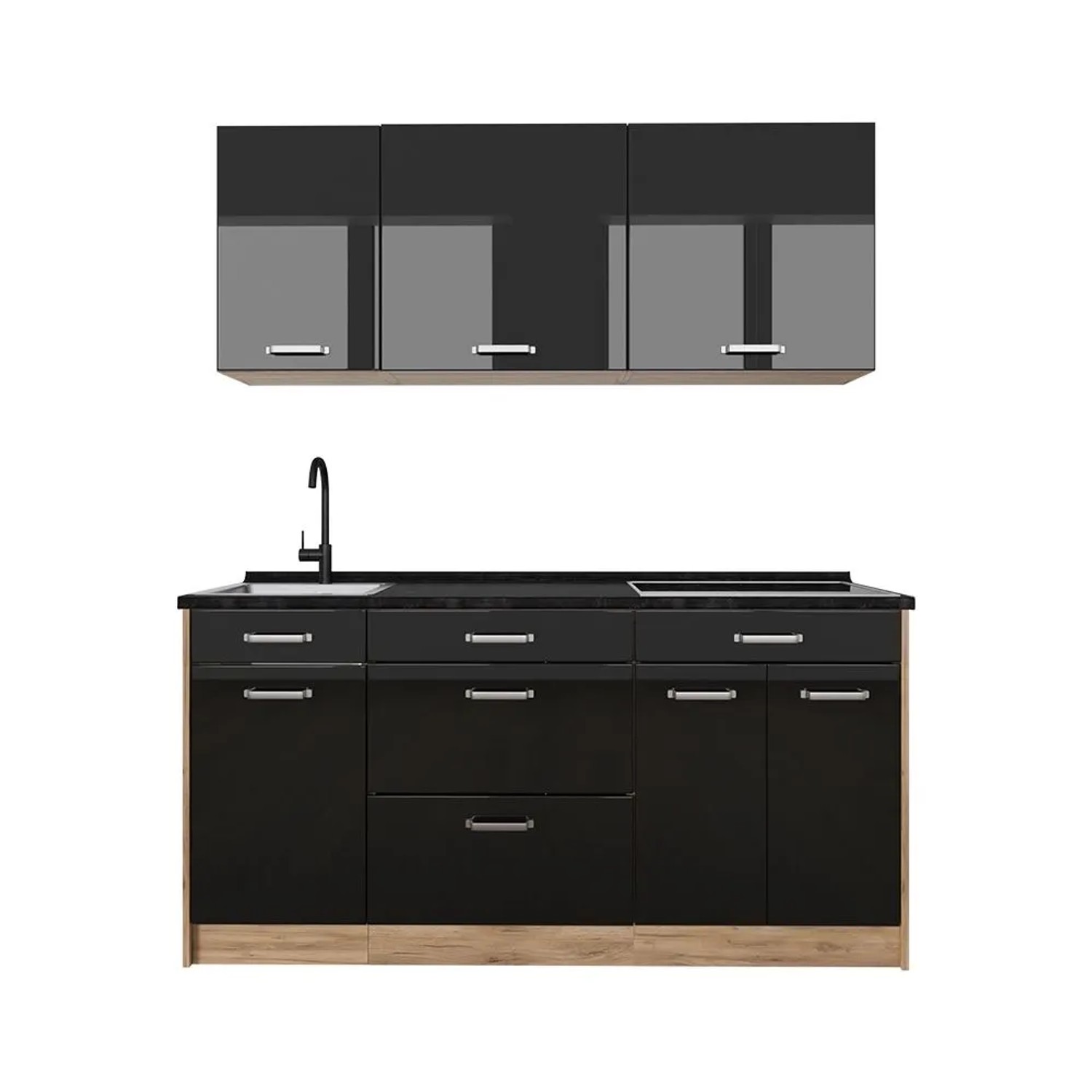 Vicco Singleküche R-Line Schwarz Hochglanz/Goldkraft Eiche 160 x 82 Arbeitsplatte Anthrazit Art Nr 66166