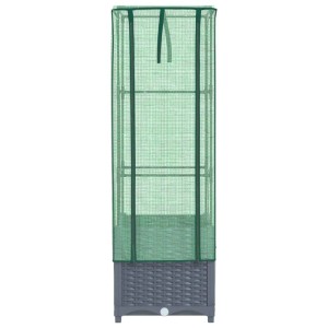 Hochbeet mit Gewächshaus-Aufsatz in Rattan-Optik, dunkelgrau und grün.