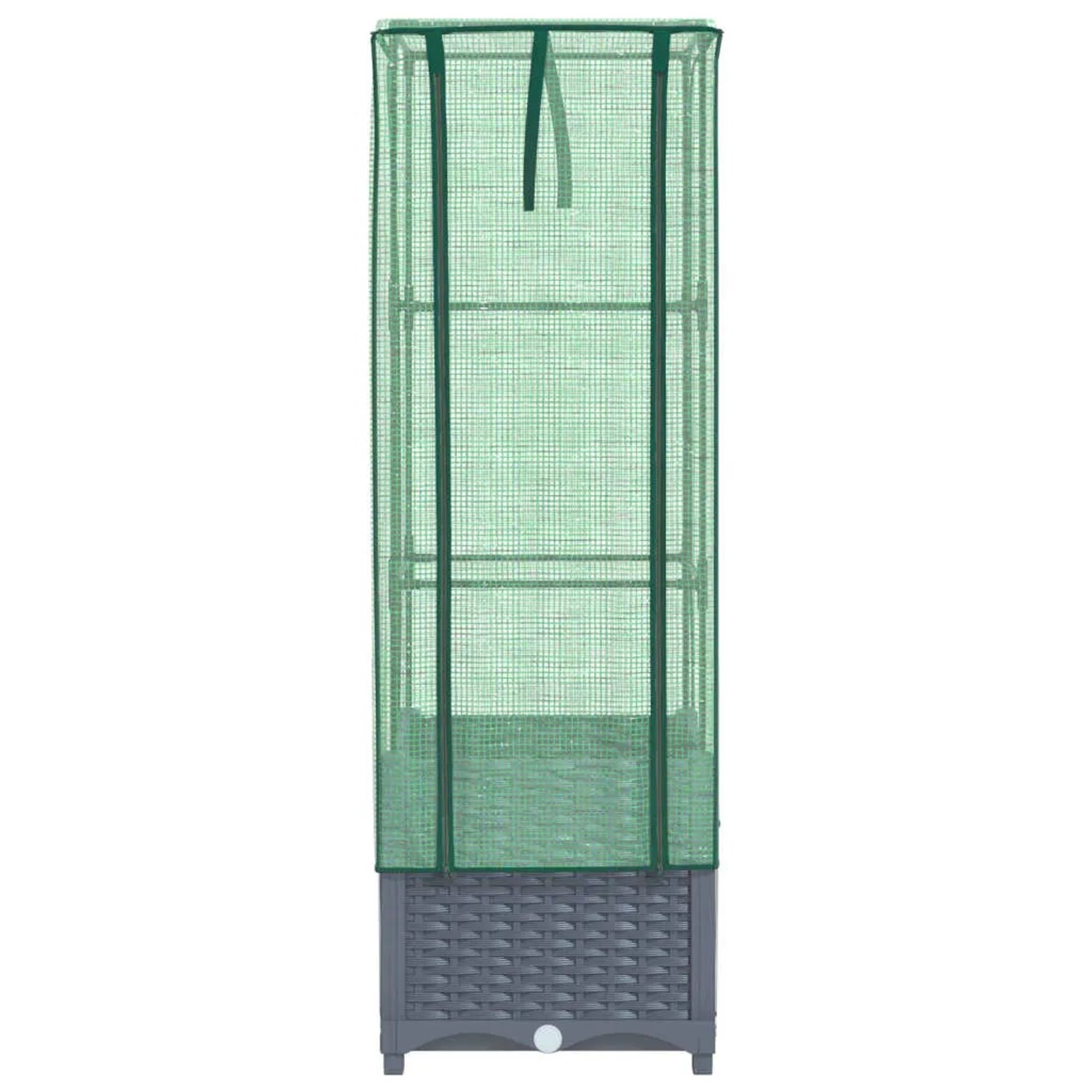 Hochbeet mit Gewächshaus-Aufsatz in Rattan-Optik, dunkelgrau und grün.
