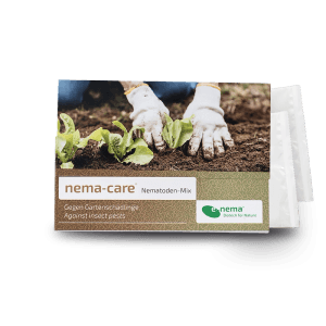 e-nema nema-care Nematoden gegen Gemüseschädlinge, Packung mit Gartenhänden und Salatpflanzen.