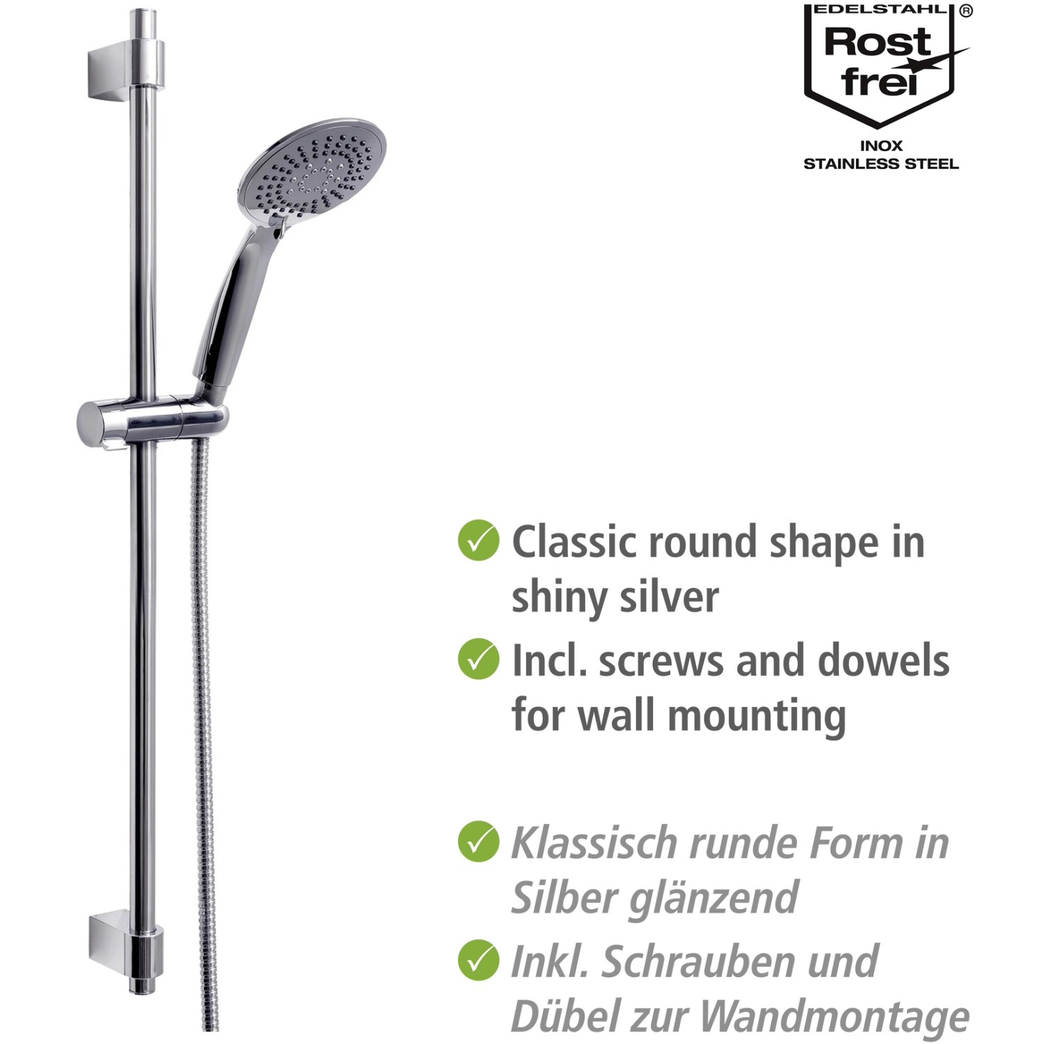 Wenko Brauseset Young Chrom: Duschstange mit Handbrause und Schlauch in Silber.