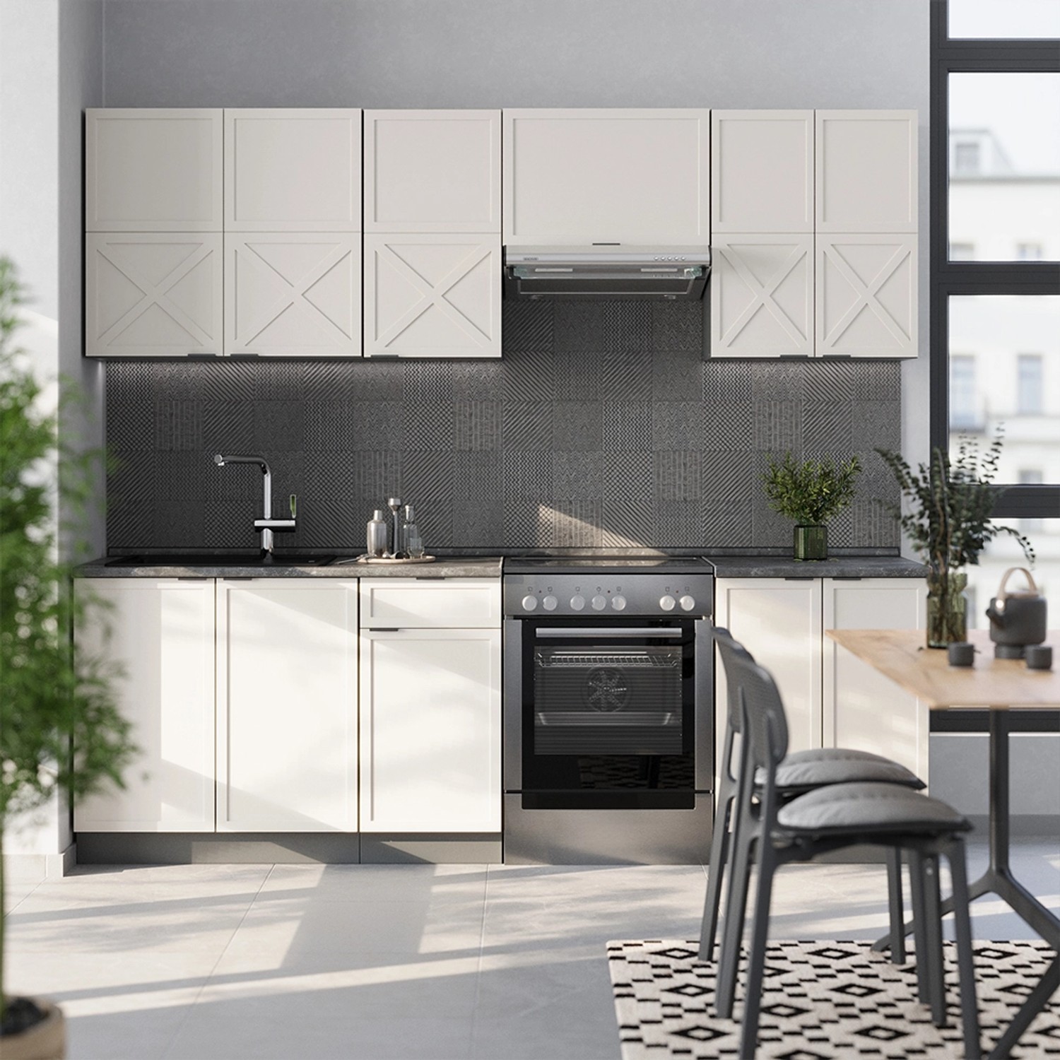 Vicco Fame-Line Küchenzeile, 240 cm, GrauBeige/Anthrazit mit Eiche Arbeitsplatte.