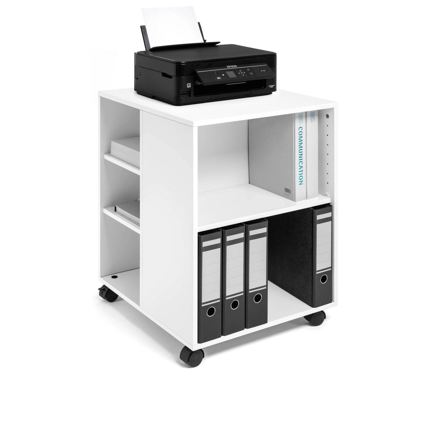 Weißer, offener Durable Multifunktionswagen mit Drucker, Ordnern und Rollen. Bürocontainer für mehr Ordnung.