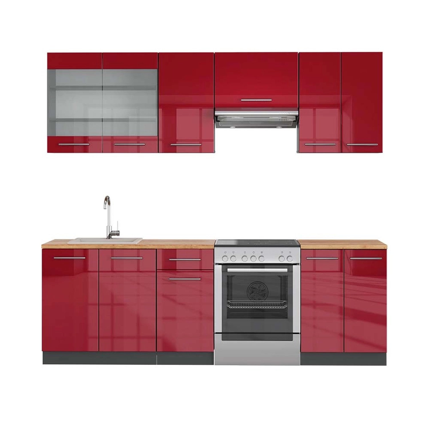 Vicco Fame-Line Küchenzeile Bordeaux Hochglanz 240 cm AP Eiche günstig online kaufen