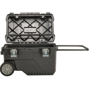 Offene, schwarze Stanley FatMax Montagebox mit 90 l Volumen, Rädern und Teleskopgriff.