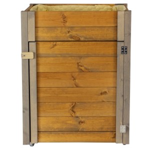 Rollbarer Gartenschrank mit Pflanzkasten in Braun/Grau. Holzstruktur sichtbar.